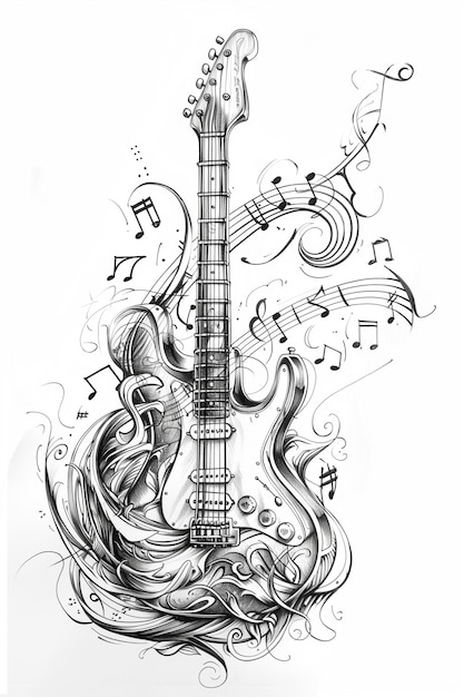 a drawing of a guitar with music notes and a drawing of a musical instrument