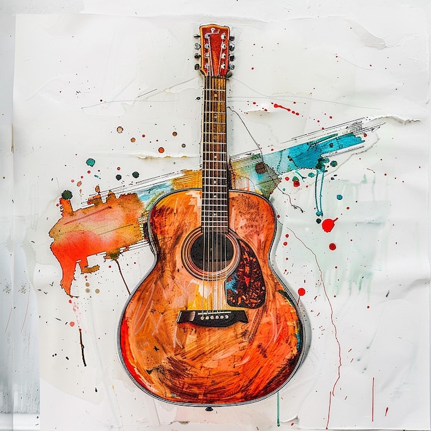 a drawing of a guitar with a picture of a plane in the background