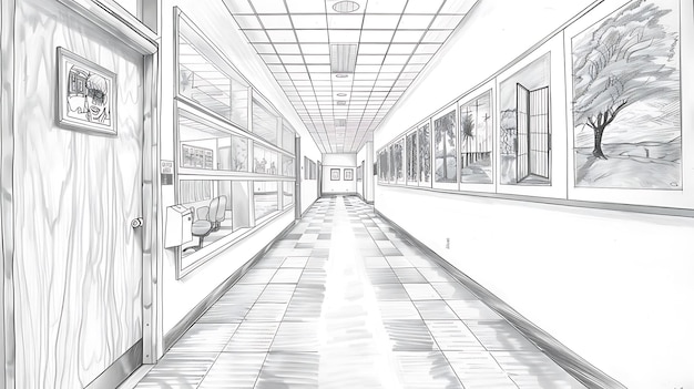 Photo a drawing of a hallway with a black and white drawing of a building with a light on it