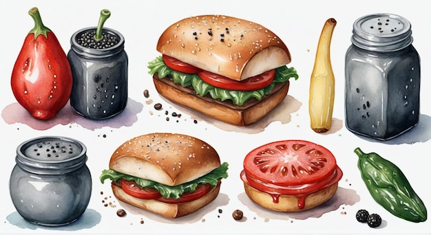 a drawing of a hamburger and a banana with a bucket of ice cream