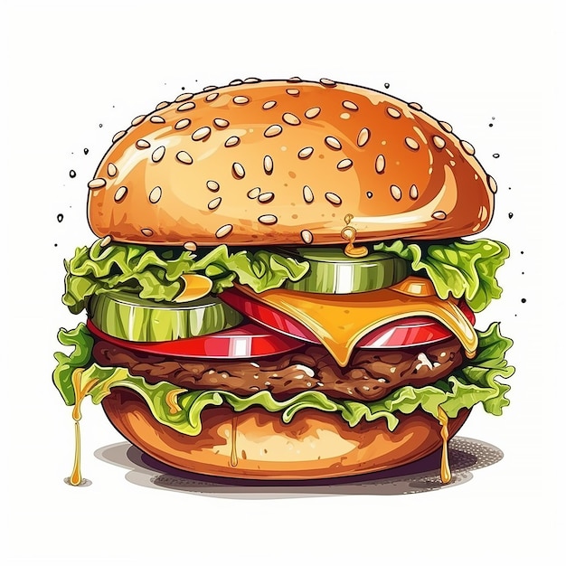 A drawing of a hamburger with cheese, tomato, and cucumber.