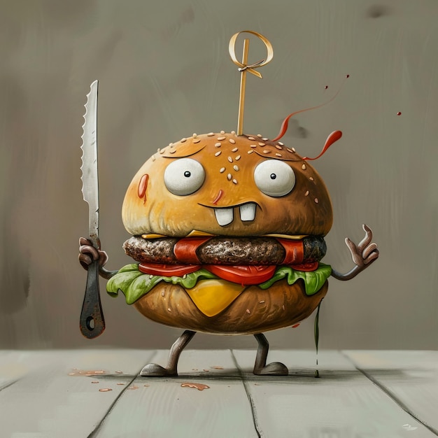 Photo a drawing of a hamburger with a knife in it that saysmonsteron it