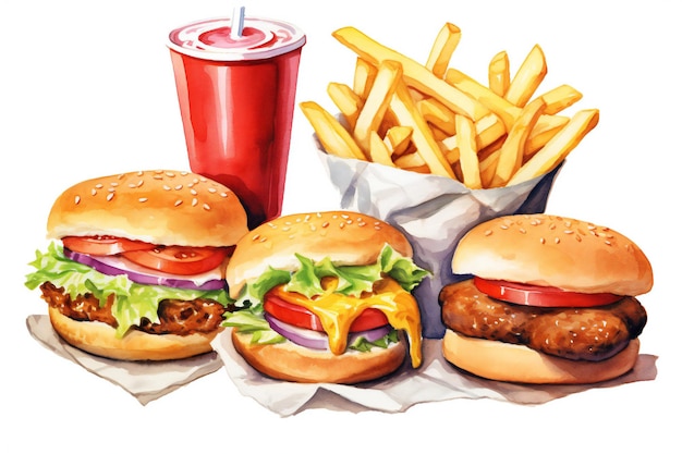 A drawing of hamburgers and fries with a drink