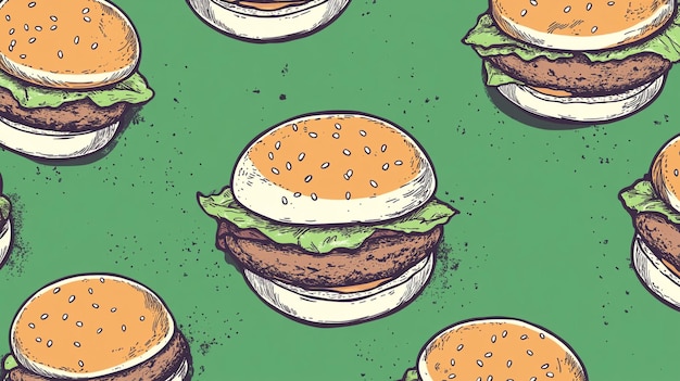 Photo a drawing of hamburgers on a green table with a drawing of a hamburger on it