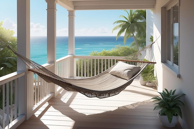 A drawing of a hammock on a porch overlooking the ocean generative ai