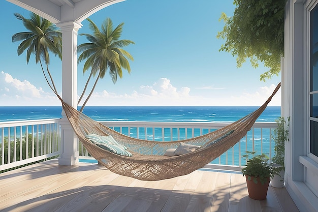 A drawing of a hammock on a porch overlooking the ocean generative ai