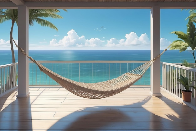 A drawing of a hammock on a porch overlooking the ocean generative ai