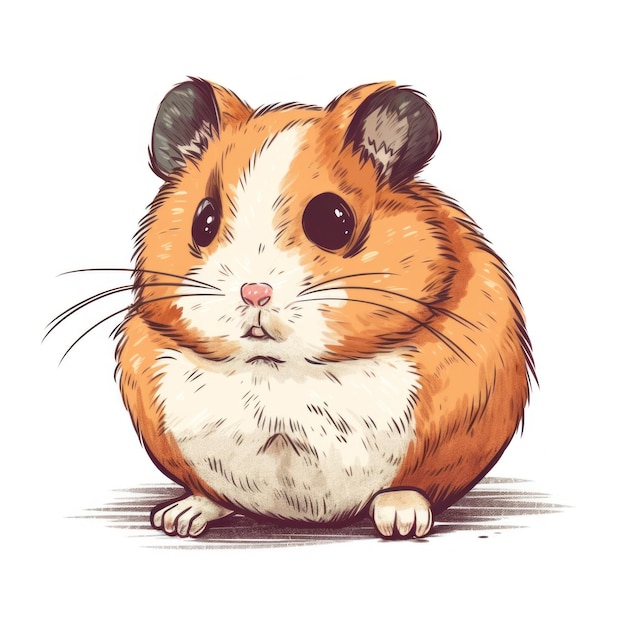 A drawing of a hamster with a brown face and black eyes.