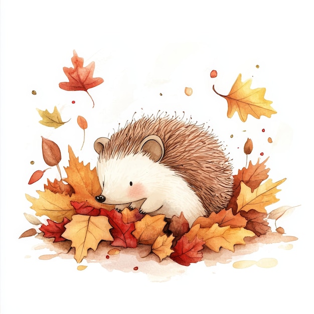 Photo a drawing of a hedgehog in autumn leaves