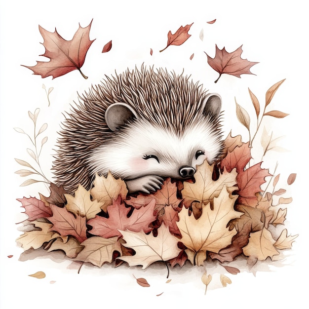 a drawing of a hedgehog sleeping in leaves