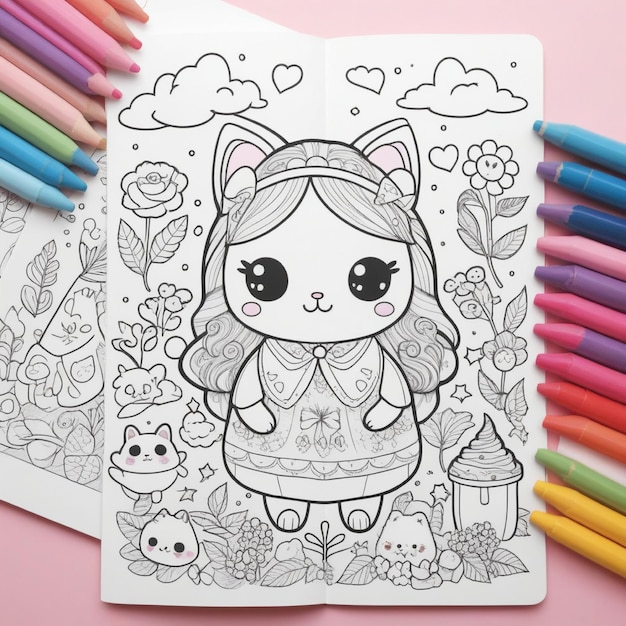 Photo a drawing of a hello kitty with a pink frame and a little girl with a heart on it