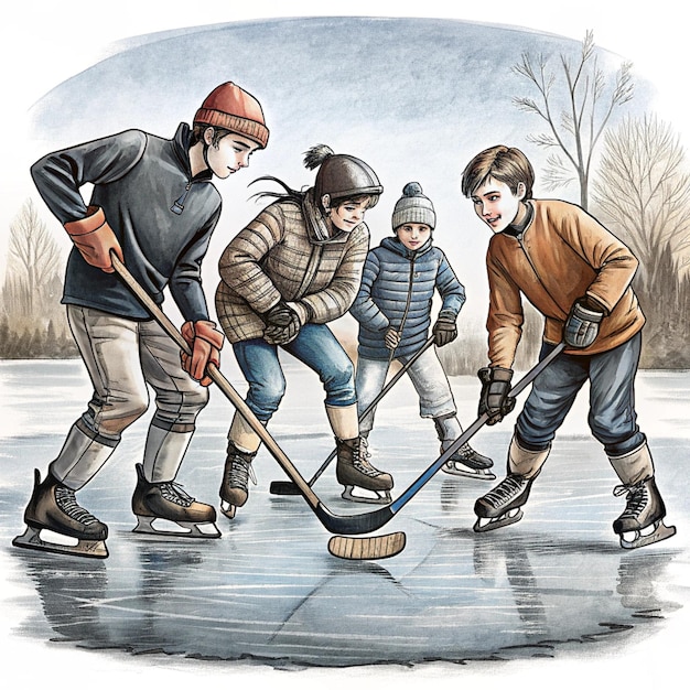 a drawing of a hockey game with a hockey stick and the word ice on it