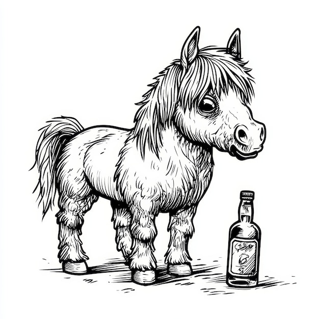 Photo a drawing of a horse and a bottle of alcohol