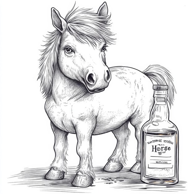 Photo a drawing of a horse and a bottle of barman