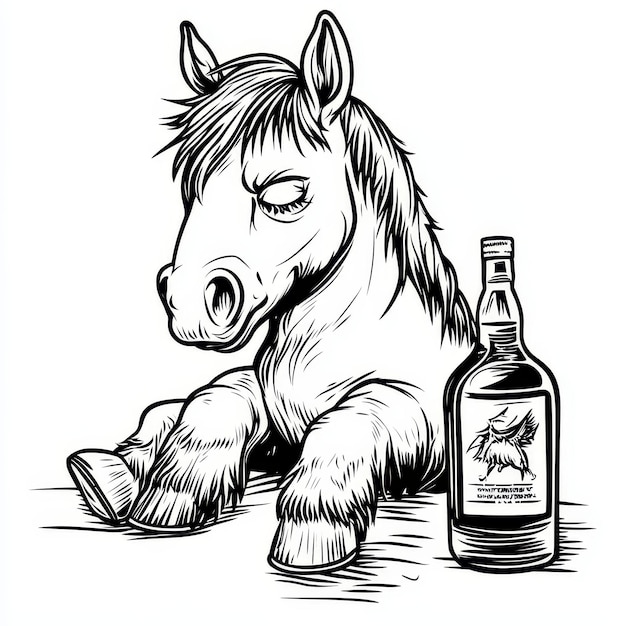 Photo a drawing of a horse and a bottle of liquor