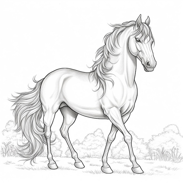 Photo a drawing of a horse with a long mane and a tail generative ai