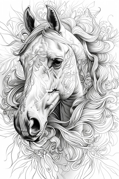 a drawing of a horse with a pattern of hair and a horse head