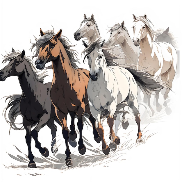 a drawing of horses running in the grass