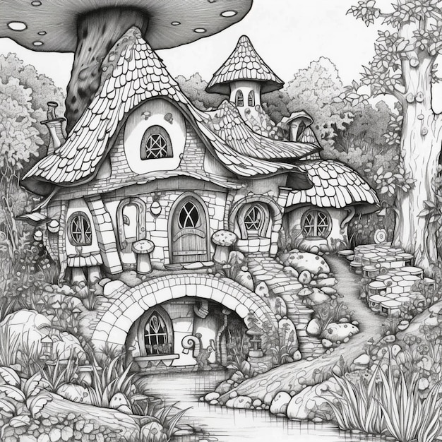 A drawing of a house in the forest.