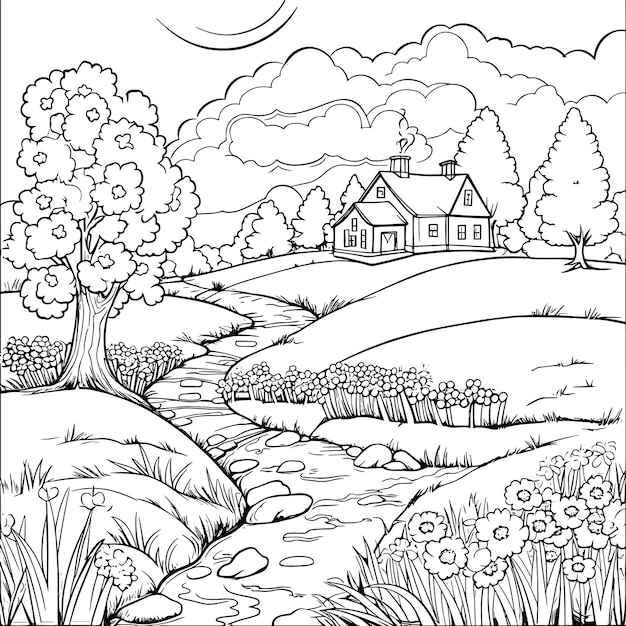 Photo a drawing of a house on a hill with a tree in the middle