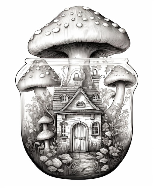 a drawing of a house in a jar with mushrooms on the ground generative ai