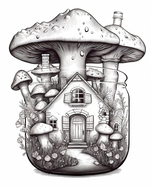 a drawing of a house in a jar with mushrooms and mushrooms generative ai