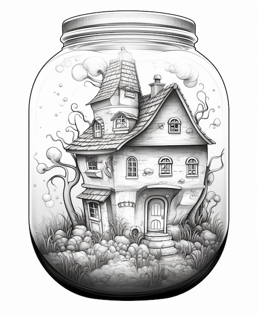 a drawing of a house in a jar with a tree inside generative ai