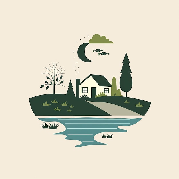 a drawing of a house and a lake with a house on the top