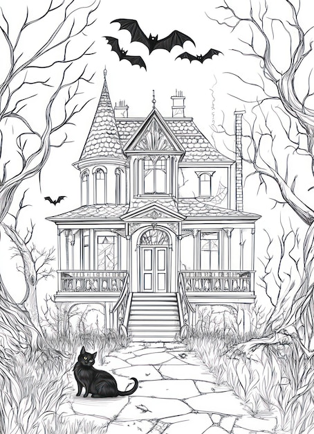 a drawing of a house with a black cat on it