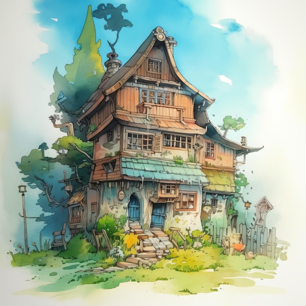 A drawing of a house with a blue sky in the background.