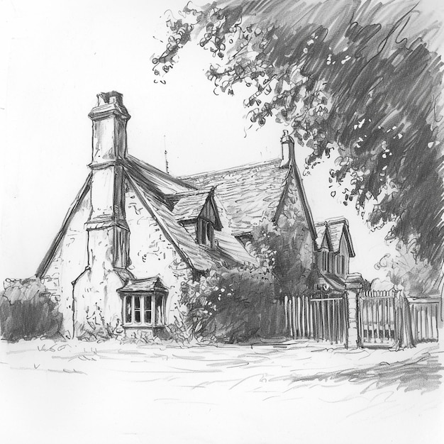 a drawing of a house with a fence in the background