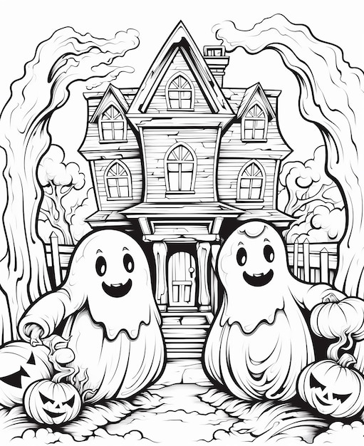 a drawing of a house with a house and pumpkins on it