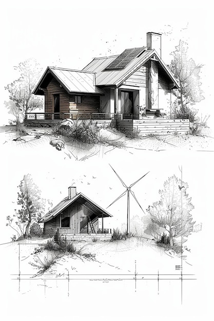 Photo a drawing of a house with a house on the top and a wind turbine in the background