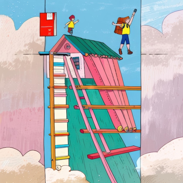 a drawing of a house with a ladder on it