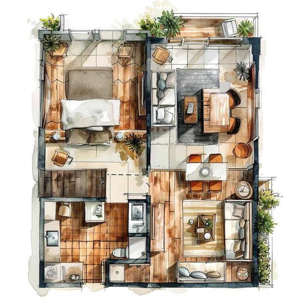 Photo a drawing of a house with a lot of furniture and a table