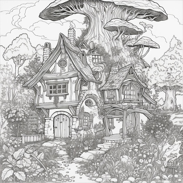 A drawing of a house with a mushroom on the front.