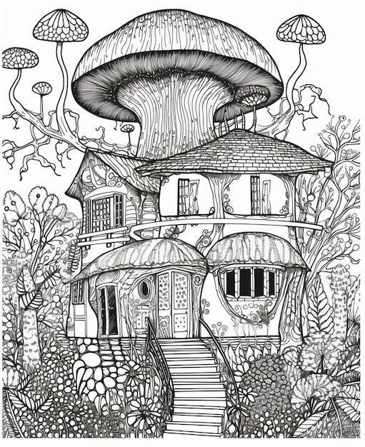 A drawing of a house with a mushroom on the roof