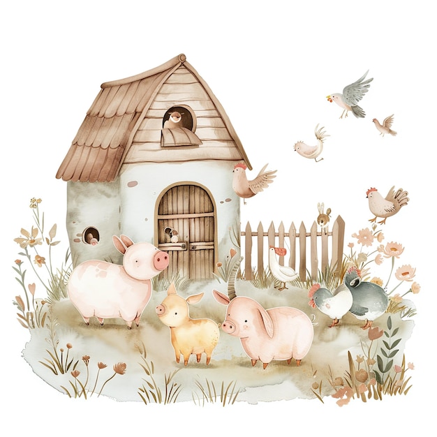 a drawing of a house with a pig and a fence