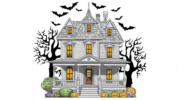 a drawing of a house with a pumpkin on the front