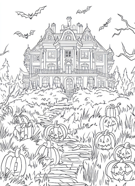 a drawing of a house with pumpkins on it