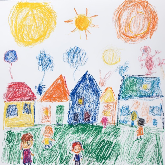 Photo a drawing of a house with a sun and a house with a blue roof