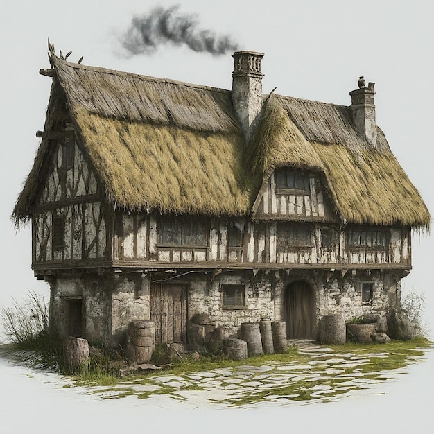 Photo a drawing of a house with a thatched roof and a chimney