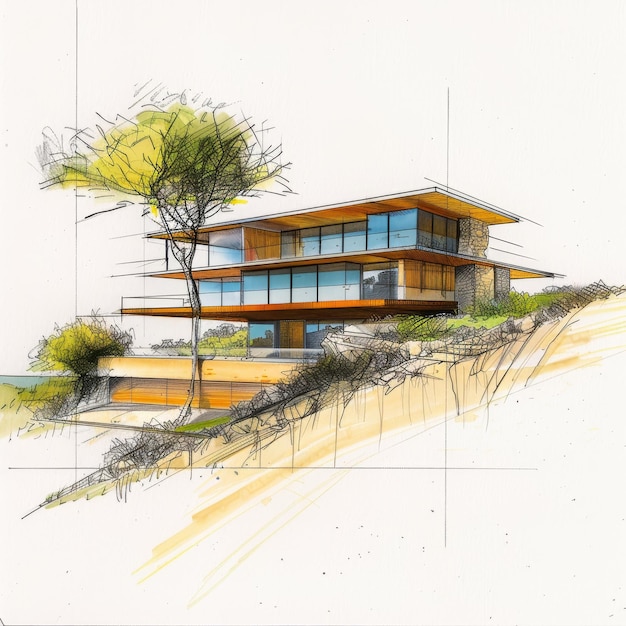 a drawing of a house with a tree on the top of it