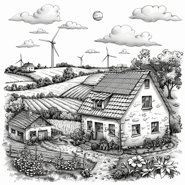 Photo a drawing of a house with a wind turbine in the background