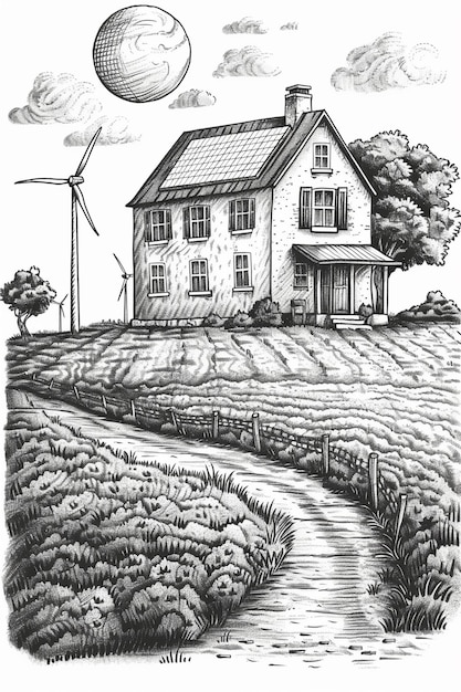 Photo a drawing of a house with a wind turbine in the background