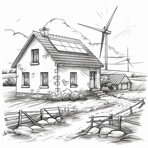 Photo a drawing of a house with a wind turbine in the background