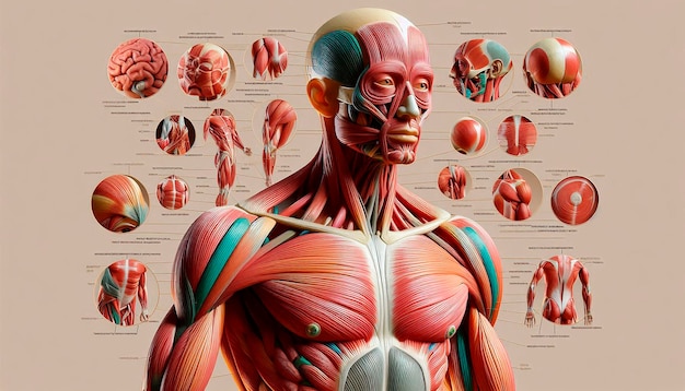 Photo a drawing of a human body with muscles labeled with the body labeled human anatomy