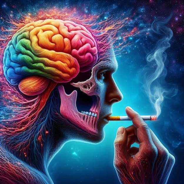 a drawing of a human head with the brain labeled smoking a cigarette on his mouth