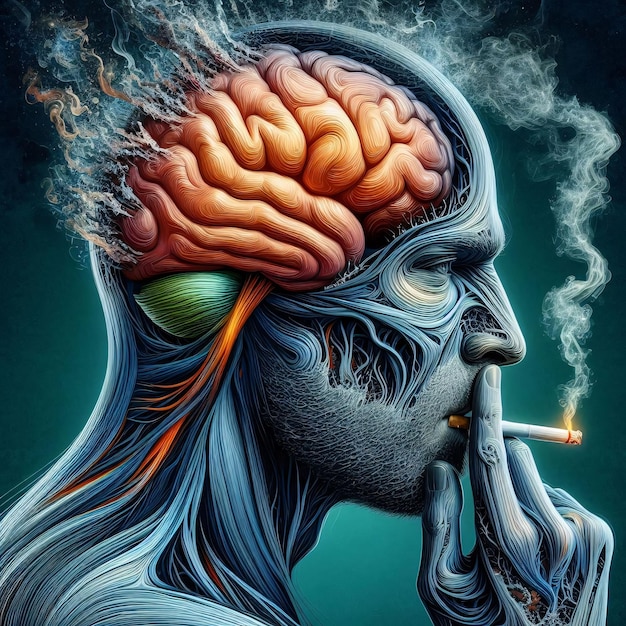 a drawing of a human head with the brain labeled smoking a cigarette on his mouth