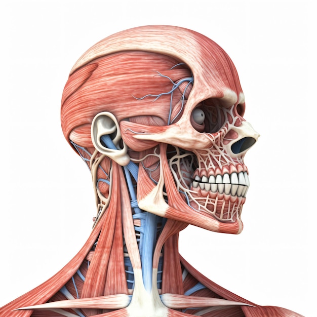 A drawing of a human head with the muscles labeled with the lower jaw and neck.